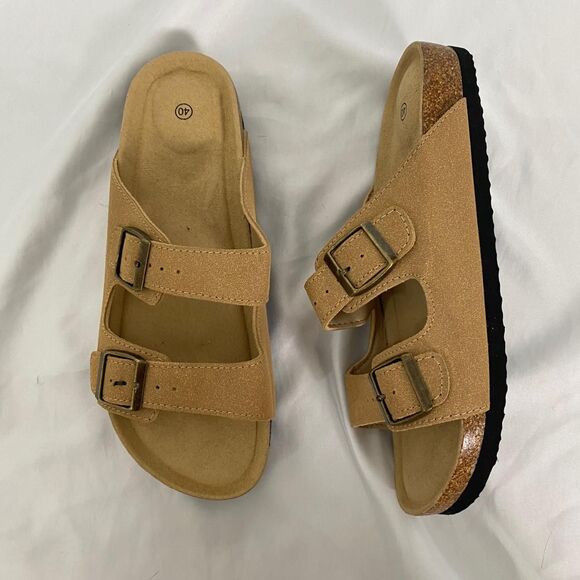 Boho Tan Brown Faux Suede Brassy Gold Buckle Sandals / Slides EU 40 US 9.5 - Picture 1 of 5